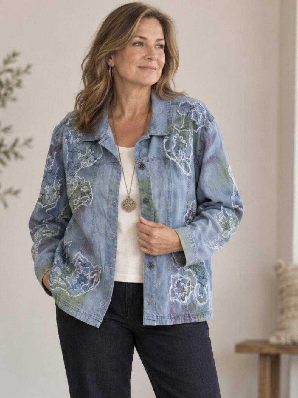 Vintage Chico's Design Denim Jacket Artsy Embroidered Floral Distressed Size 3